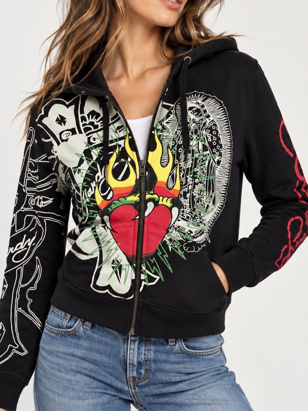 Vintage Y2K Ed Hardy Graphic Zip Hoodie Women’s XS/S Sacred Heart